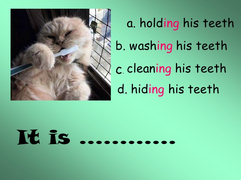 It is ………… a. holding his teeth b. washing his teeth cleaning his teeth
